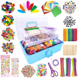 1405 Pcs Art and Craft Supplies for Kids, Toddler DIY Craft Art Supply Set Included Pipe Cleaners, Pom Poms, Feather, Folding Storage Box - All in One for Craft DIY Art Supplies, Light Blue