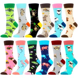 WeciBor Women's Colorful Novelty Pattern Crew Socks, 12 Pack Multicolor Animals, Size 8-11