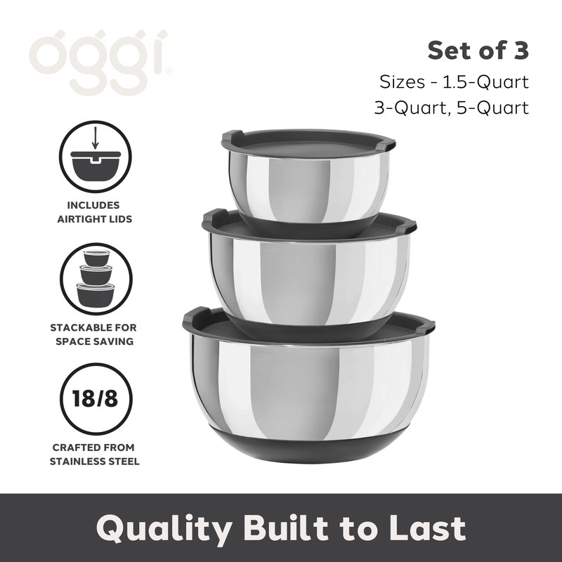 Oggi Stainless Steel 3-Piece Bowl Set with Lids, (7287.0)