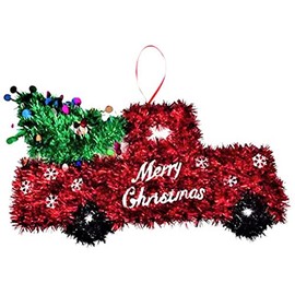 Red Truck with Christmas Tree Wall Door Hanger Tinsel Holiday Decor