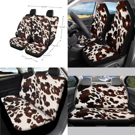 Wanyint Black Brown Cow Print 14 PCS Car Seat Cover Full Set with Steering Wheel Cover Seat Belt Strap Pads Cup Coasters Trash Bag Rearview Mirror Cover Armrest Cover Pad Handbrake Cover Set Car Decor
