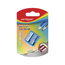 KEYROAD Ergonomic Double Pencil Sharpener, 1 Piece, Aluminium, Steel Blades, Pencils and Colouring Pencils, Blister Pack, Mixed Colours, for Nursery, Preschool and School