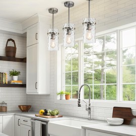 Brush Nickel Pendant Lights Kitchen Island, Glass Pendant Light Fixtures Modern Kitchen Island Lighting with Hammered Glass Shade for Dining Room Light Farmhouse Chandelier Sink Foyer Entryway 2 Pack