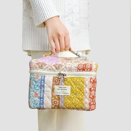 Givurao 3 Pieces Makeup Bag Set, Large Capacity Quilted Travel Cosmetic Bag Portable Makeup Organizer Case for Women Girls Aesthetic Floral Cotton Toiletry Pouch