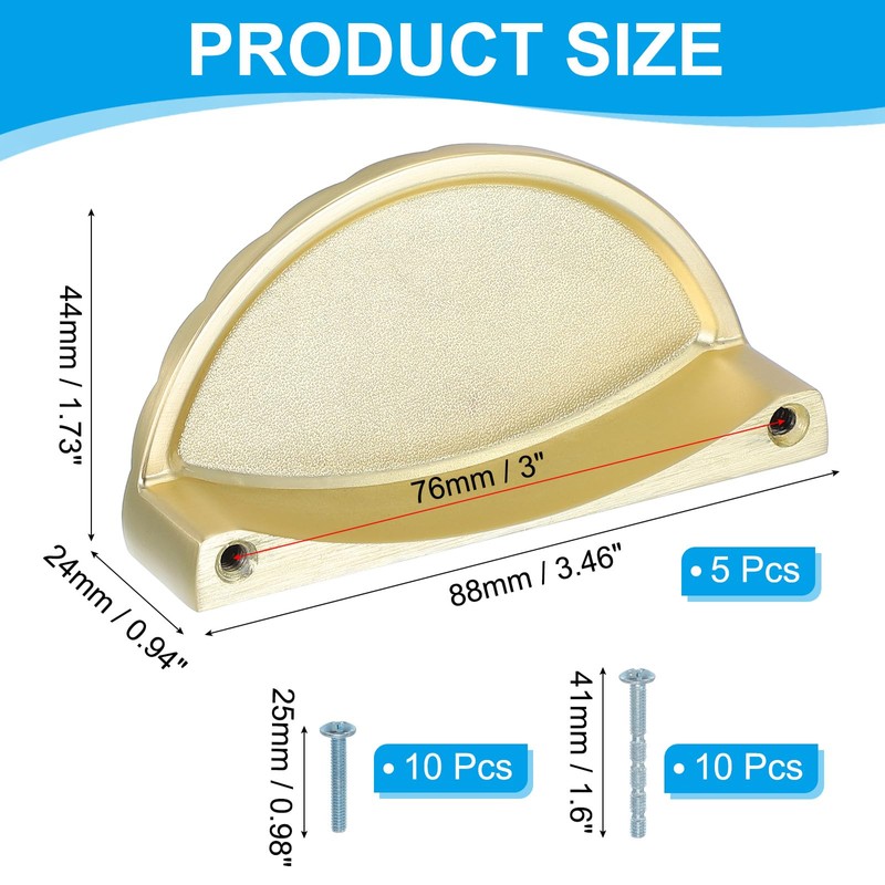 PATIKIL 3" (76mm) Drawer Cup Pulls, 5 Pack Solid Brass