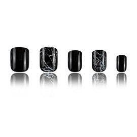 Black Press on Nails Short Square Fake Nails Glossy Marble Acrylic Nails Squoval Dark False Nails with Designs Natural Summer Glue on Nails Full Cover Stick on Nails for Women Girls 24Pcs