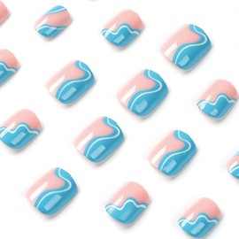 Short Press on Nails Square Coffin Fake Nails with Blue Swirls Design Acrylic Nails Full Cover Glossy False Nails Artificial Glue on Nails Short Stick on Nails for Women Girls Daily Nail Art 24Pcs
