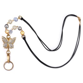Jesemiah Butterfly Rhinestones Cowhide Lanyards for ID Badge,Cute Beads Lanyard for Teachers, Keys Holder Necklace Lanyard for Women (Butterfly)