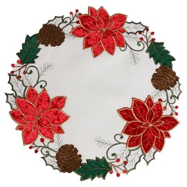 OWENIE Christmas Placemats Set of 4, Embroidered Red Poinsettia Table Mats, White Textured Fabric Round Placemats with Applique Velvet Flower for Dinner Table, Holiday Farmhouse Table Top Decor, 4 pcs
