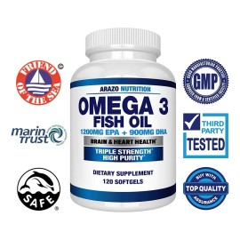 Arazo Nutrition Omega 3 1200mg Dha 900mg Epa 120 Cpsulas Sabor Sin Sabor Dosis alta de 4080 mg de aceite de pescado Omega 3 niveles ms altos de EPA...