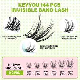KEYYOU Fairy Angel Lash Clusters Manga Lash Extension D Curl 144Pcs Eyelash Extension Wispy Natural Invisible Band Lash with Waterproof DIY Lash Extension at Home(Angel-D-8-18MIX)
