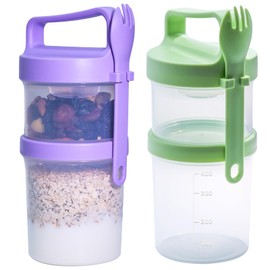 Caylielam 2 Pack Stackable Overnight Oat Container, 19 Oz and 12 Oz Double Yogurt Cereal Snack Oatmeal on the Go Cups with Leak-proof Lid, Reusable Plastic and Portable Breakfast Lunch Meal Prep Boxes