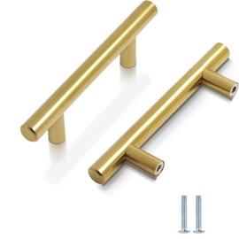 CCHONG 2 Pack Gold Stainless Steel Cupboard Handles (76mm Hole Centre, 127mm Total Length)