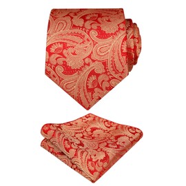 Alizeal Men's Paisley Floral Tie Handkerchief Wedding Woven Necktie Set, Red Gold