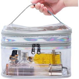 Sritob Bolsa de cosméticos Transparente,Neceser de Viaje Transparente Grande Double Laye - de Maquillaje Impermeable, Organizador de Bolsas de cosméticos para niñas, Bolsa de Viaje, Láser de plata