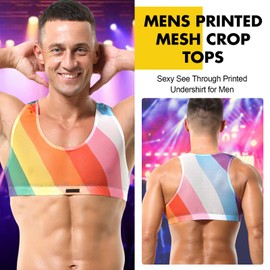 GENEMEN Mens Mesh Crop Top Sports Bras Y Back Tank Top Printed Sleeveless Tank Top Fashionable Shirt (Rainbow, L)