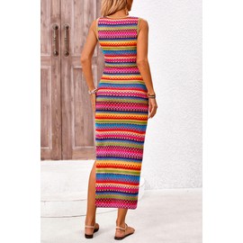 PRETTYGARDEN Womens Maxi Tank Spring Dress Sleeveless Crew Neck Striped Side Slit Casual Long Bodycon Dresses (Army Green,Medium)