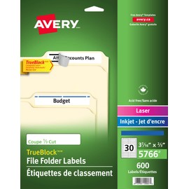 Avery Filing Labels with TrueBlock Technology for Laser and Inkjet Printers, 2/3" x 3-7/16", Blue, File Tab Labels. Folder Labels. Rectangle, 600 Labels, Permanent (5766) Made in Canada