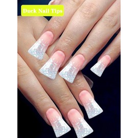 500PCS Duck Nail Tips for Acrylic Nails, Clear Nail Tips Duck Feet Fan Flare Tips, Half Cover False Nails Short Duck Tip Nails 10 Sizes Curved French Fake Nail Extension Tips with Box