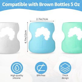 3 Pack Silicone Sleeve for Dr. Brown Natural Glass Baby Bottles, Anti-Shatter Baby Bottle Holder, Compatible with Dr. Brown Wide-Neck Glass Baby Bottles 5 oz, Dishwasher Safe (White+Green+Blue)