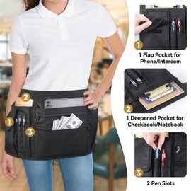 Wisreach Waitress Apron Server Apron with 7 Pockets, Black Half Apron with Zippers & Adjustable Belt,Waist Apron for Restaurant, Kitchen