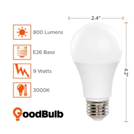 GoodBulb LED Light Bulbs | 9 Watt (60 Watt Equivalent) | EcoSmart Lights | Warm White 3000K | High Output 800 Lumens | E26 Base | A19 Shape | 4 Pack