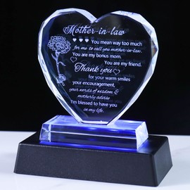 Movdyka Best Mother in Law Birthday Unique Gifts from Daughter in Law Heart-Shaped Glass with Colorful LED Base Thank You Gift for Mother in Law from Son in Law on Christmas Wedding Day
