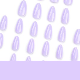 MouyouGlow Press on Nails Short, Almond Purple Lavender Lilac Plain Glossy Fake Nails with Nail Glue, Wisteria Mauve Purple Artificial Fingernails