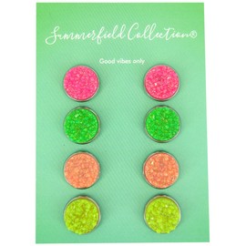 Summerfield Collection Stainless Steel Neon Pink Orange Yellow Green Faux Druzy Glitter Stone Stud Earrings Set (12mm)