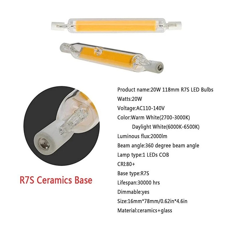R7s Cob LED Glass Tube J118 Bulb Dimmable For Home