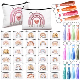 Hillban 64 Pieces Rainbow Cosmetic Bag Bulk Inspirational Gifts for Women with 32 Motivational Quote Keychains and 32 Rainbow Canvas Makeup Pouch Bags for Girls