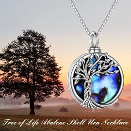WINNICACA Tree of Life Urn Necklace for Ashes 925 Sterling Silver Cremation Jewelry with Abalone Shell w/Funnel Filler Memorial Jewelry Gifts for Women Her Mom Lover