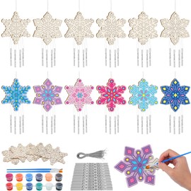 Silipull 24 Sets Snowflake Wind Chimes Craft for Kids Make Your Own Winter Windchime DIY Wooden Hanging Ornaments Snowflake Coloring Wind Chime for Kids Gifts Winter Home Classroom Party Supplies