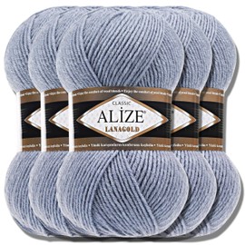 Alize Lanagold Turkish Premium Wool, Cotton and Acrylic Hand Knitting Yarn, Knitting Yarn Accessory Baby for Crocheting, Knitting, Clothing, Scarves (Light Denim Melange 221), 5 x 100 g
