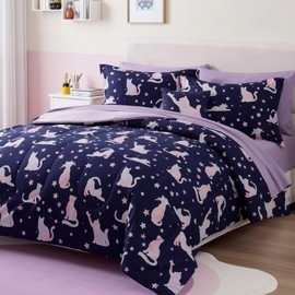 Kaleido Space Full Size Comforter Set for Girls-4 Pieces Cat Patterns Full Bedding Set with 1 Comforter, 1 Decor Pillow &2 Pillow Shams