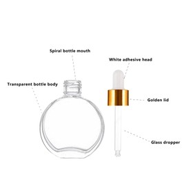 PYAWI 6Pcs, 2 oz Glass Dropper Bottles for Essential Oils ，60ml flat round perfume bottle with Eye Droppers， for Essential Oils, Perfumes, Serums - Leakproof for Travel (A- Clear)