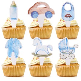 24Pcs Baby Shower Boy Cupcake Toppers Blue Baby Bottle Jumpsuits Rocking Horse Stroller Cupcake Picks Its a Boy Cupcake Toppers for Blue Gender Reveal Baby Shower Boys Birthday Party Decorations