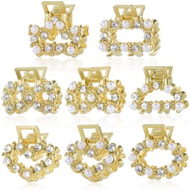 8 PCS Mini Pearl Hair Clips, PAGOW Gold Rhinestone Pearl Metal Claw Clips, Bangs Styling Claw Clips, Faux Pearls Crystal Sparkly Hairpins Hair Accessories for Women And Girls (8 Designs)