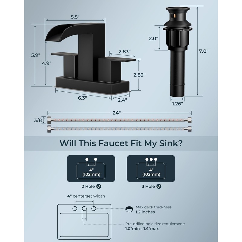FORIOUS Square Black Bathroom Faucets for 2 Hole or 3