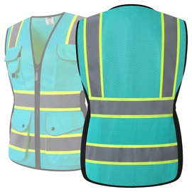 JKSafety 9 Pockets Women Hi-Vis Reflective Safety Vest | Mesh Peacock Blue | Reflective Strips with Yellow Extended Trims | ANSI Compliant (168-Peacock, M)