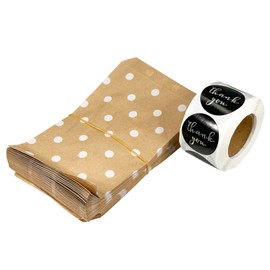 CuteBox Company 100pcs 4" x 6" White Polka Dot on Kraft Flat Paper Gift Bags with 100pcs 1.5" Black/Silver Thank You Stickers for Retail, Packaging, Party Favors, Birthdays, Weddings