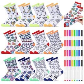 ShinyMatch 12 Pairs Kids Doodle Socks Color Your Own Socks Back to School DIY Kid Drawing Craft Arts with 48 Pcs Markers Handicraft Birthday Gifts Socks for over 6 Years Old
