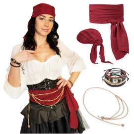 Festicy Pirate Costume Women's Accessories 2025 Bordeaux Red Pirate Headscarf I Matching Waist Belt Waist Chain Leather Strap I Pirate Accessories Women for Your Pirate Costume Women
