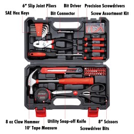 Cartman Tool Set General Household Hand Tool Kit with Plastic Toolbox Storage Case Red