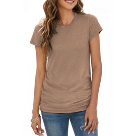 Sherosa Womens Tops Summer 2024,Comfy Crew Neck Lightweight Tshirts Short Sleeve Shirts Brown,XL