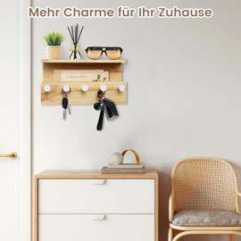 SAUNNIHEN Wooden Key Rack with Shelf, Large Key Holder Wall with 5 Key Hooks, Sturdy Key Board for Living Room, Office, Entrance, Fur, Drilling