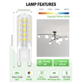 BRVHOZX G9 Led Bulb Daylight White, 4W, 450LM, 6000K, Equivalent to 40W Halogen, No Flicker, Non-Dimmable, 360°Beam Angle, AC 110-130V, Bi-pin Ceramic Base G9 Led Light Bulbs for Home Lighting-6Pcs