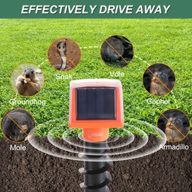 Solar Ultrasonic Mole Repellent 2 Pack, Snake Vole Repellent Outdoor, Deterrent Snake Gopher Chipmunk Vole Groundhogs Rodents in Lawn Garden Yard, Waterproof Sonic Spikes, Outdoor Pest Control Device
