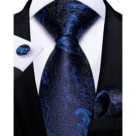 DiBanGu - Juego de corbatas de seda para hombre, diseño de cachemira maciza, corbatas cuadradas de bolsillo, corbatas clásicas y formales para hombres, bodas y fiestas, Azul Marino cachemira, Talla