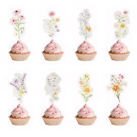 36 PCS Wildflower Cupcake Toppers, Spring Cupcake Toppers, Party Decoration, for Girl Floral Birthday Wedding Garden Spring Tea Party